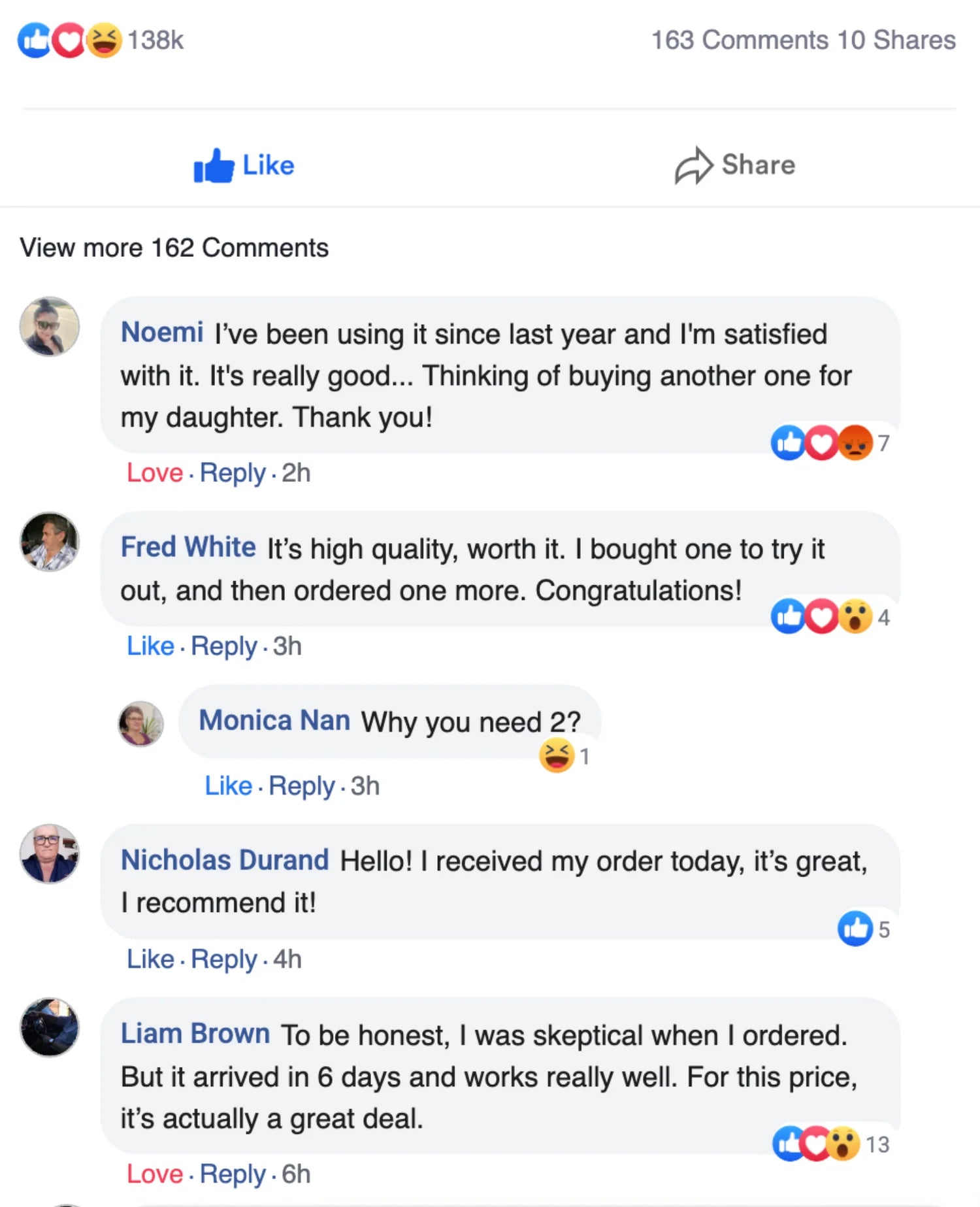 Facebook customer testimonials